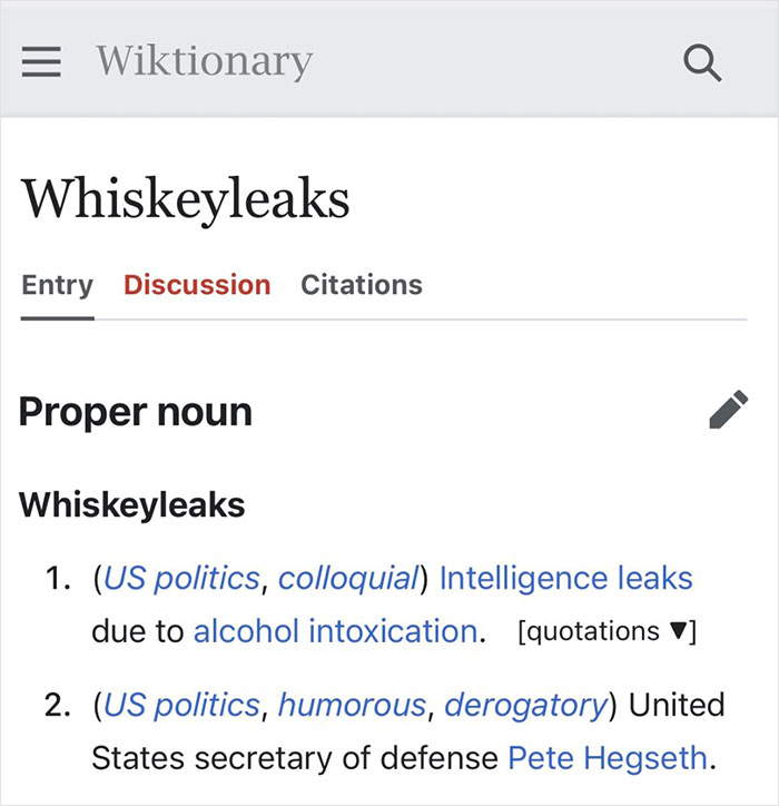 Screenshot of a funny Wikipedia gem entry titled Whiskeyleaks defining intelligence leaks due to alcohol intoxication.