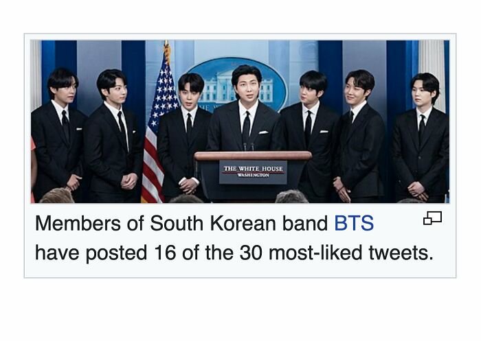 Members of South Korean band BTS at the White House, a funny gem found on Wikipedia shared by people online.