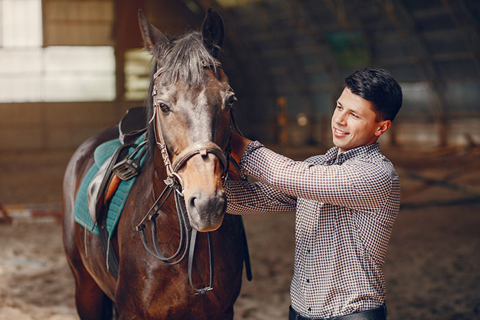Man in checkered shirt smiling and petting a horse, showcasing funny guy mocking daughter's boyfriend job interaction. Man in checkered shirt smiling and petting a horse, showcasing funny guy mocking daughter's boyfriend job interaction.