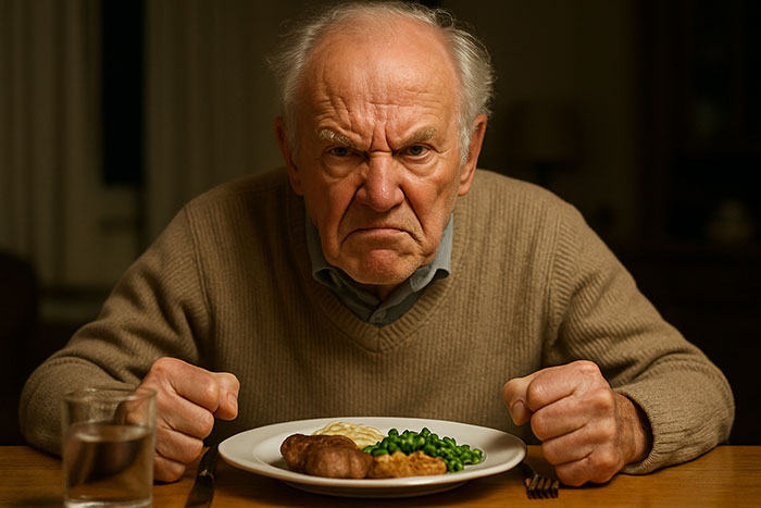 Angry elderly man frowning and clenching fists at dinner table, illustrating funny guy mocking daughter's boyfriend job. Angry elderly man frowning and clenching fists at dinner table, illustrating funny guy mocking daughter's boyfriend job.