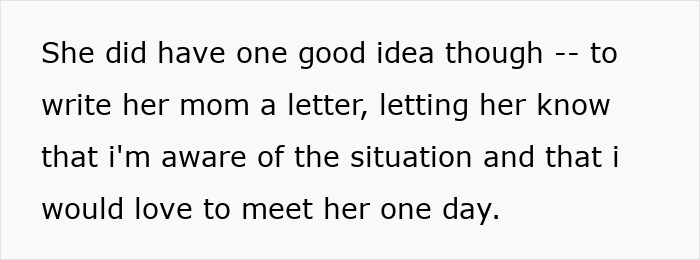 Text excerpt about a daughter writing a letter to her mom, revealing awareness of the situation and desire to meet one day.