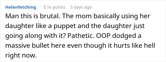 Comment text discussing a mom destroying daughter&rsquo;s happy relationship after sending her on a date, viewed online.