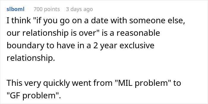 Text discussion about setting boundaries in a 2-year exclusive relationship and issues between mom and daughter after a date.