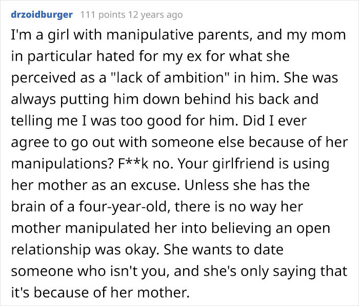 Comment about a mom manipulating her daughter&rsquo;s dating life and controlling her relationships through manipulation.