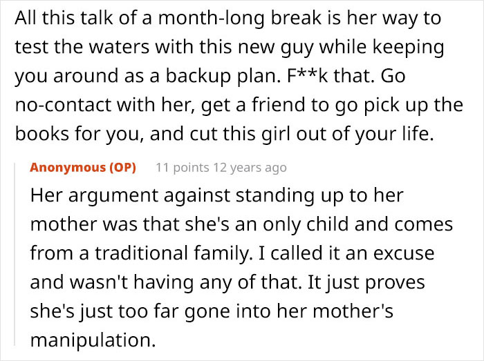 Text from an anonymous forum discussing a mom&rsquo;s manipulation destroying her daughter&rsquo;s happy relationship after a date.