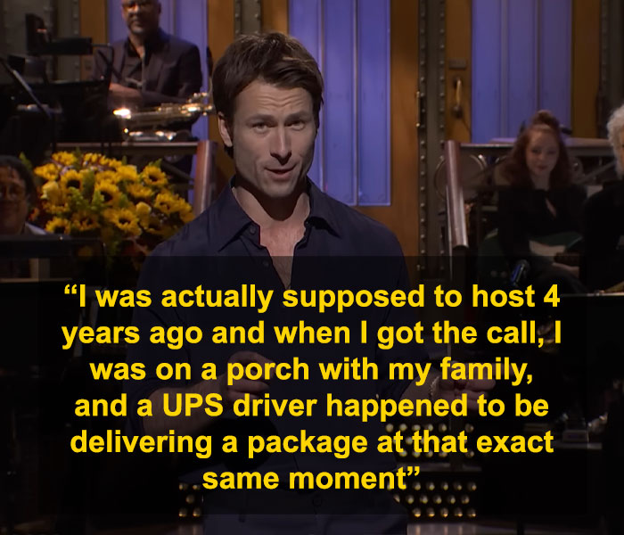 Glenn Powell shares emotional reason why he flew UPS driver to SNL during heartfelt monologue on stage.