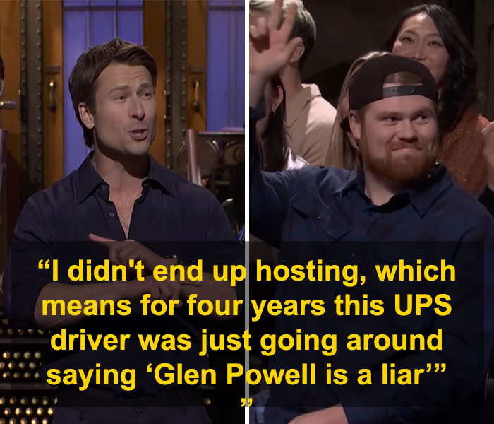 Glenn Powell shares emotional reason why he flew UPS driver to SNL during a heartfelt SNL segment.