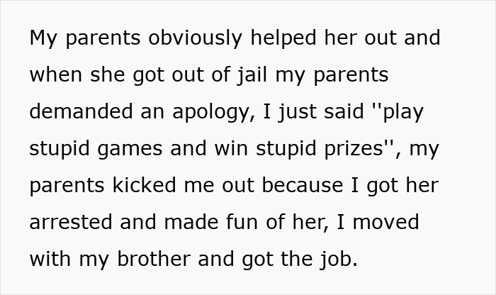 Text describing parents demanding a woman give up an amazing career opportunity for her spoiled golden-child sister.