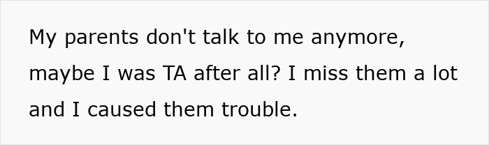 Text on white background expressing regret about parents no longer talking, hinting at family conflict over career opportunity and sibling rivalry.