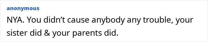 Comment text on a white background expressing that the sister and parents caused trouble, not the woman demanding career sacrifice.