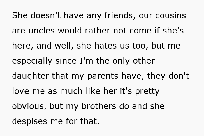 Text excerpt revealing family conflict where parents favor a spoiled sister over another daughter with an amazing career opportunity.