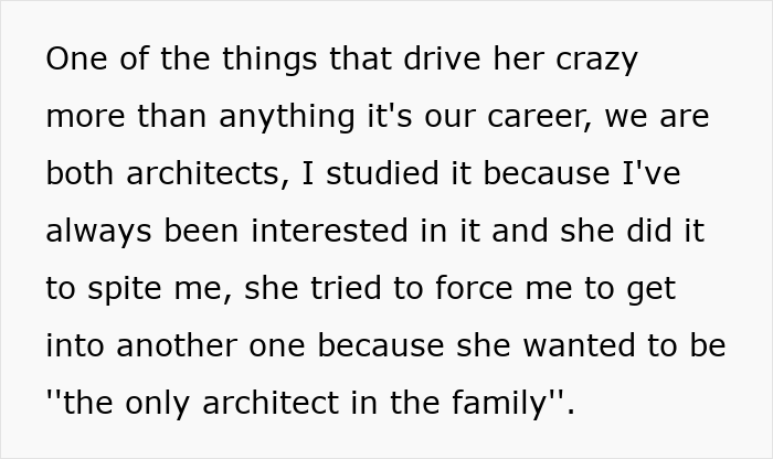 Woman pressured by parents to give up amazing career opportunity for spoiled golden-child sister in architecture field conflict