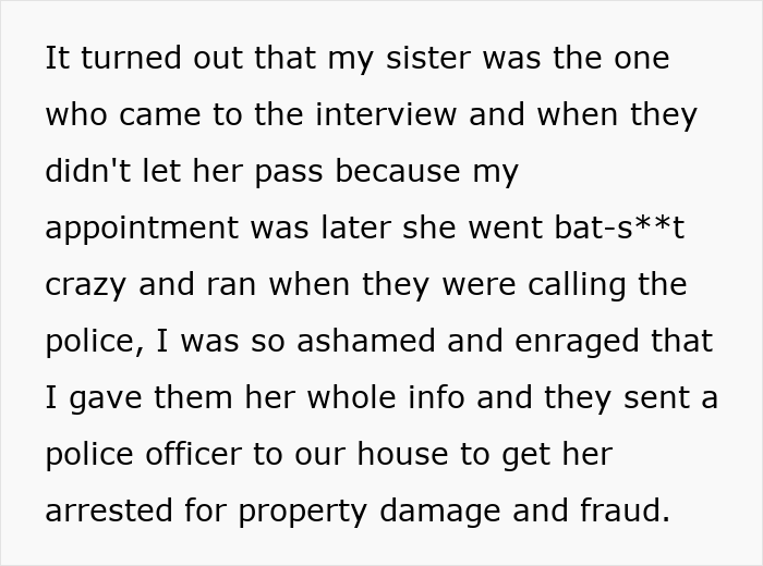 Text describing a woman&rsquo;s spoiled golden-child sister causing a scene at an interview, impacting her amazing career opportunity.