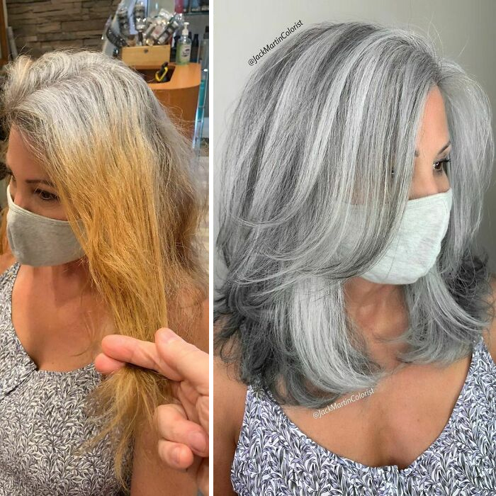 Before and after hair transformation showcasing going gray beautifully by celebrity hair colorist Jack Martin.