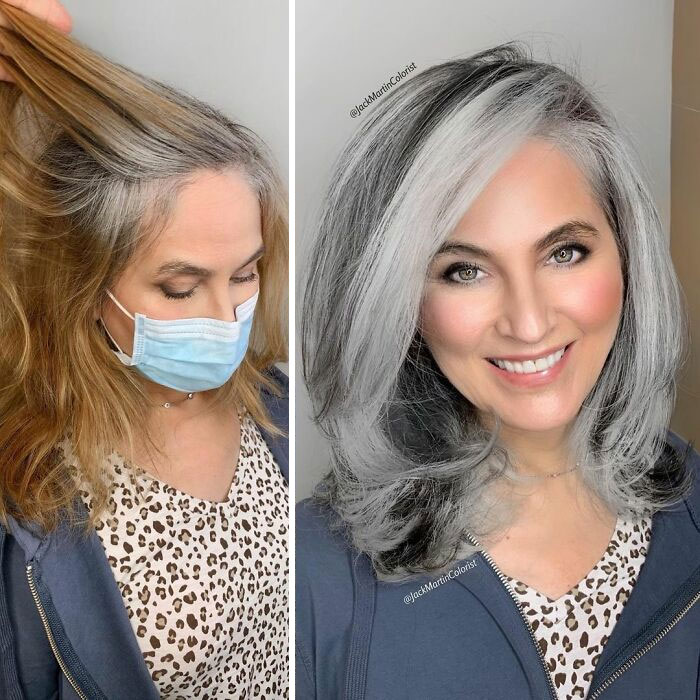 Woman's dramatic going gray hair transformation by celebrity hair colorist Jack Martin, showing before and after results.