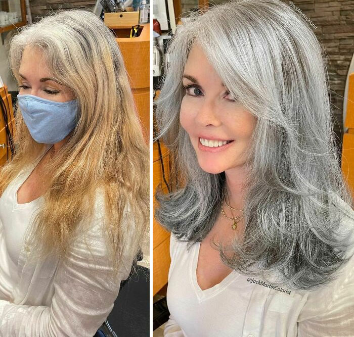 Before and after gray hair transformation by celebrity hair colorist Jack Martin showing stylish silver-gray layered hairstyle.