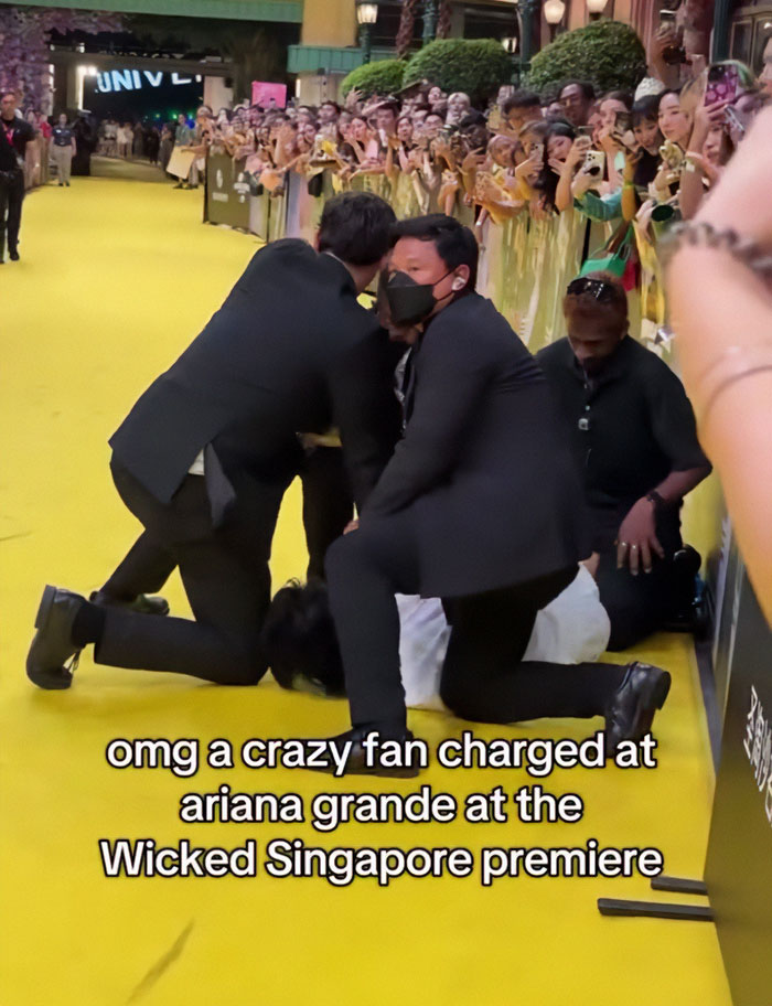 Security restraining a fan on yellow carpet at movie premiere, highlighting Michelle Yeoh&rsquo;s wasp nest outfit controversy.