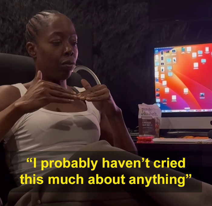 Trans woman sharing her experience after confrontation with lesbian in gym locker room during emotional interview.