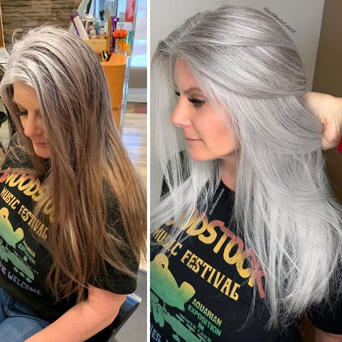 Woman's hair before and after going gray transformation by celebrity hair colorist Jack Martin, showcasing stunning silver tones.