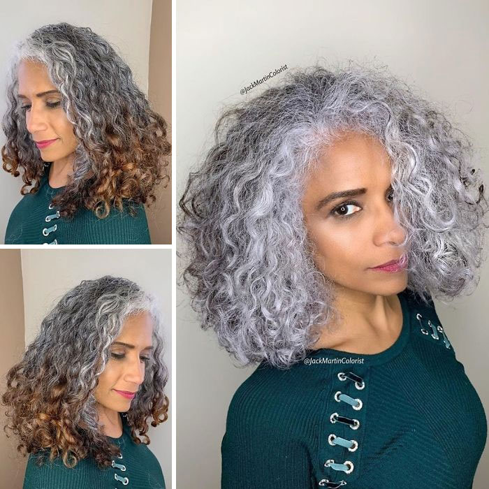 Woman with curly gray hair transformation by celebrity hair colorist Jack Martin, showcasing natural and vibrant hair tones.
