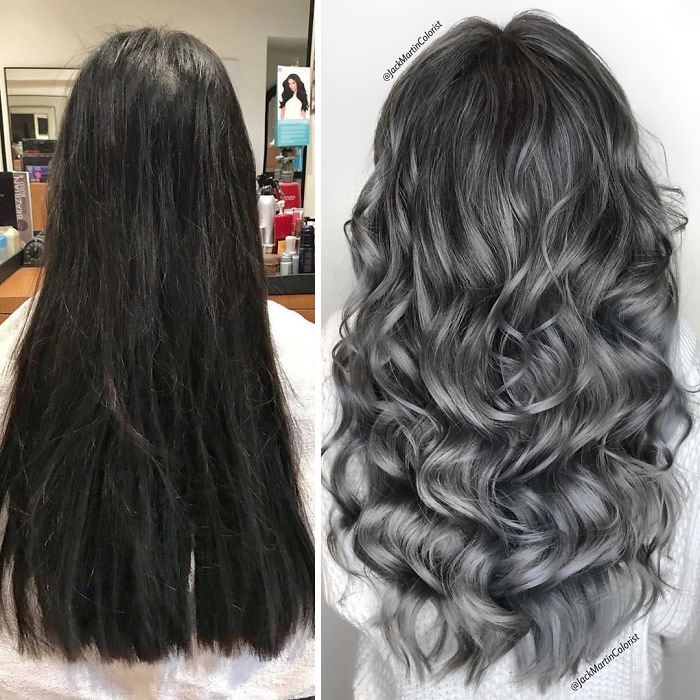 Long black hair transformed into styled silver-gray waves by celebrity hair colorist Jack Martin.