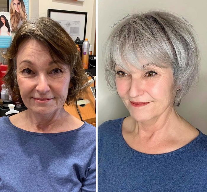 Before and after hair transformation showcasing going gray with a stylish, modern cut by celebrity hair colorist Jack Martin.