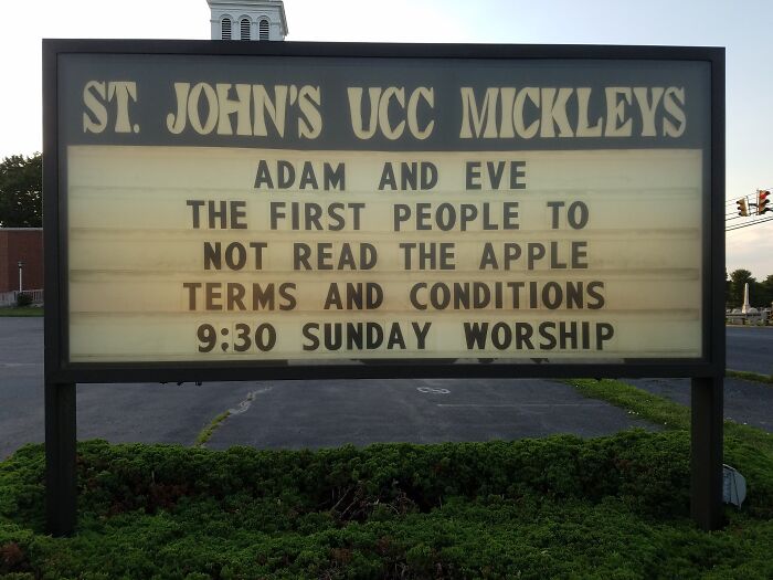 Church sign joke about Adam and Eve not reading apple terms and conditions, promoting Sunday worship time.