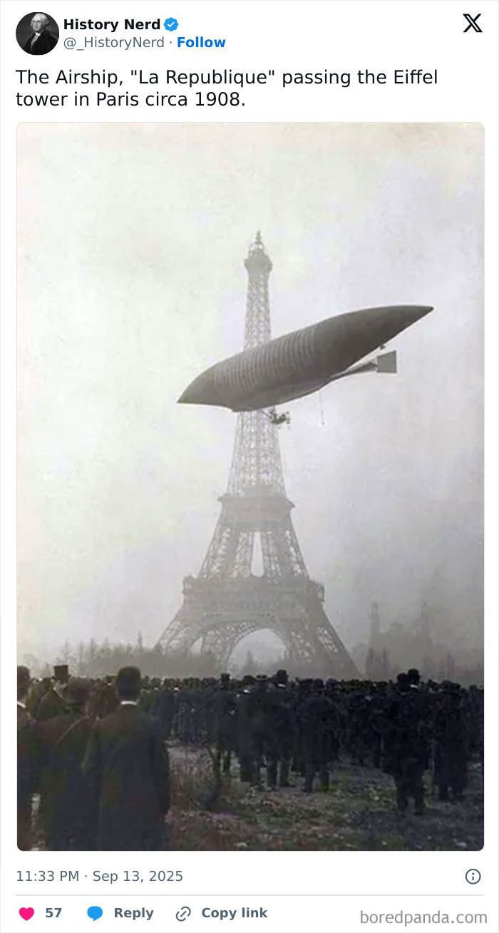 Rare historical photo showing the airship La Republique flying past the Eiffel Tower in Paris around 1908.