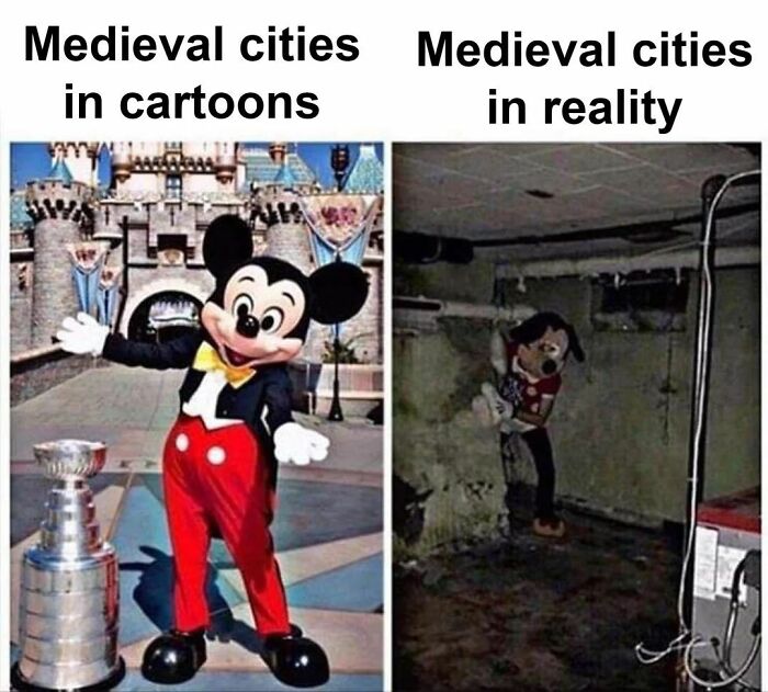 Comparison of medieval cities in cartoons versus reality, featured in hilarious history memes collection.