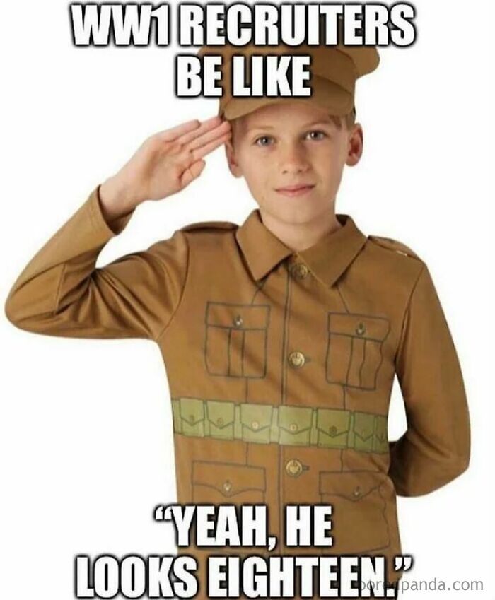 Young boy in WW1 uniform costume saluting, illustrating funny history meme about recruiters and age in history memes.