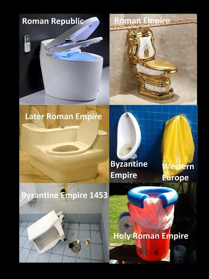 Comparison of toilets labeled with historical empires, illustrating hilarious history memes about toilet evolution and decline.