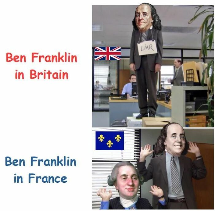 Ben Franklin portrayed humorously in Britain and France meme, a popular hilarious history meme from a viral collection.