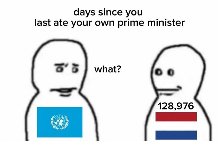 Cartoon characters with United Nations and Netherlands flags in a hilarious history meme referencing prime minister.