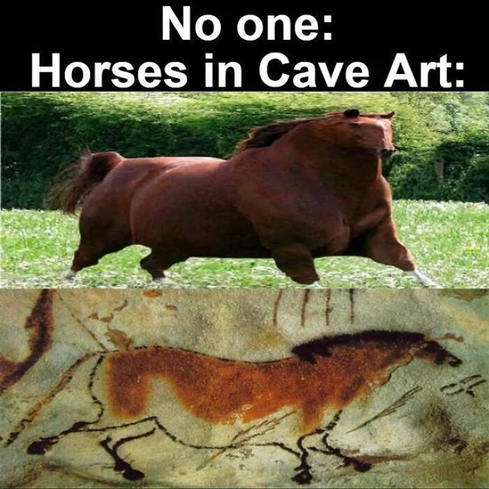 Funny history meme comparing a distorted modern horse photo with a cave art horse painting, showcasing hilarious history memes.