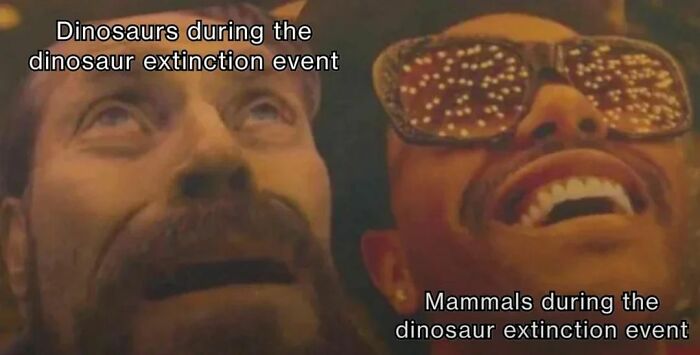 Two men reacting differently during the dinosaur extinction event, featured in hilarious history memes.