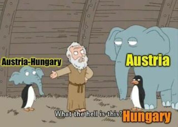 Hilarious history meme showing Austria-Hungary as separate Austria and Hungary animals with confused man inside ark.