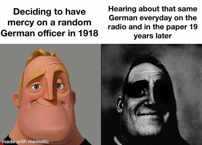 History meme showing a cartoon character in 1918 and a darker version 19 years later illustrating historical humor.