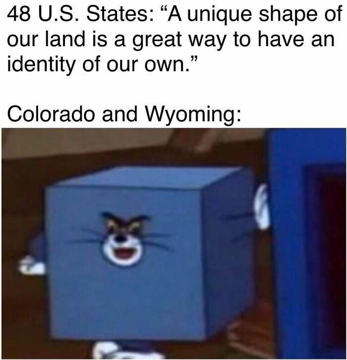 Meme showing a cube-shaped character representing Colorado and Wyoming humor in hilarious history memes content.