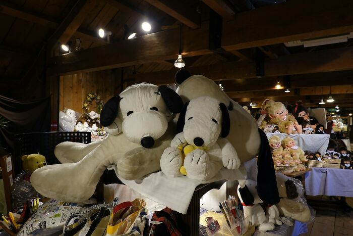 Two large Snoopy stuffed toys displayed among various dolls and items, showcasing quirky kids' inherited behaviors.