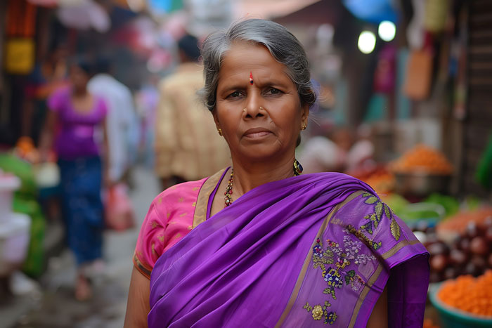 Indian grandmother in purple saree in market demanding DNA test over baby's pale skin appearance.