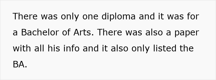 Text showing a discovery that only a Bachelor of Arts diploma exists, revealing no Master&rsquo;s degree credentials.