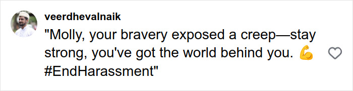 Comment by user veerdhevalnaik expressing support for a woman revealing disturbing truth about solo traveling and ending harassment.