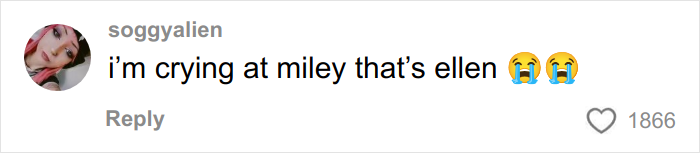 Alt text: Social media comment reacting emotionally to Miley, related to tattoo artist sharing tattoo regrets going viral.