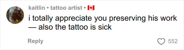 Tattoo artist kaitlin commenting on tattoo appreciation and sharing her tattoo regrets, going viral online.