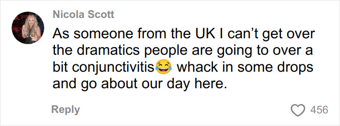 Comment from Nicola Scott dismissing concerns about conjunctivitis amid influencer partying with contagious infection controversy. Comment from Nicola Scott dismissing concerns about conjunctivitis amid influencer partying with contagious infection controversy.