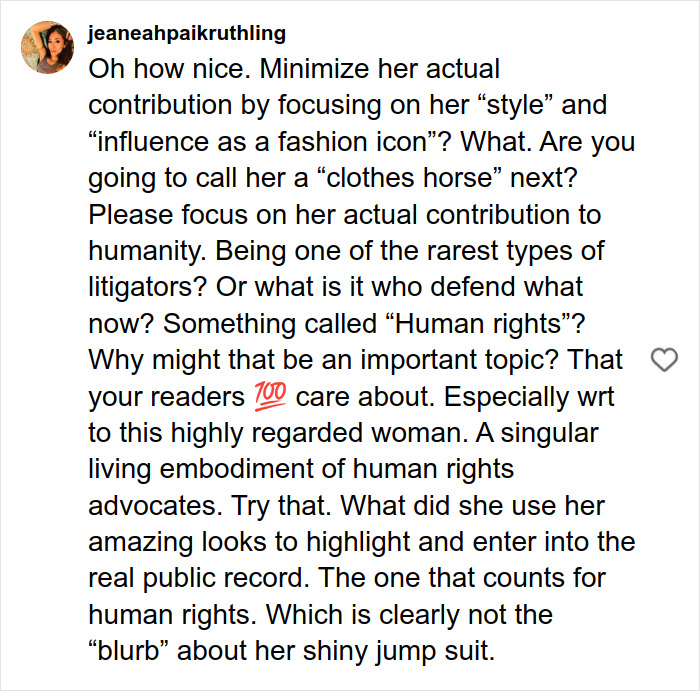 Instagram comment criticizing Vogue for focusing on Amal Clooney's style instead of her human rights work in a major Photoshop blunder.