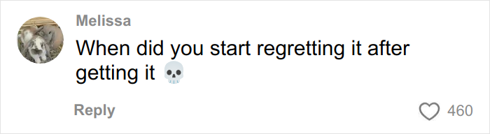Comment from Melissa asking when someone started regretting their tattoo, featuring a skull emoji, on a social media post.