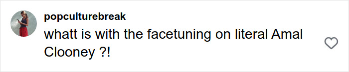 Comment discussing major Photoshop blunder and facetuning on Amal Clooney, questioning the image alteration.