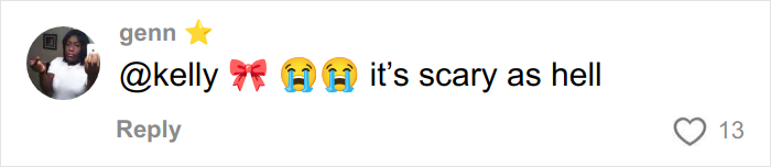Comment from user genn with bow and crying face emojis, expressing that something is very scary, under a social media post.