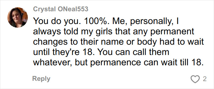 Alt text: Social media comment discussing name changes for teens amid bullying and issues with racist names at school.